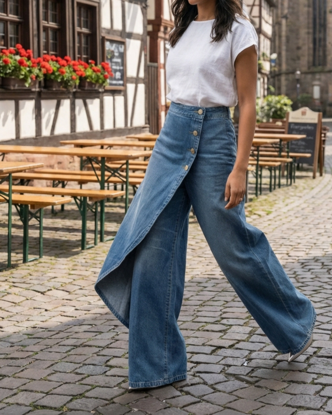 Franziska Denim Wickelhose in Hellblau, getragen in der Altstadt