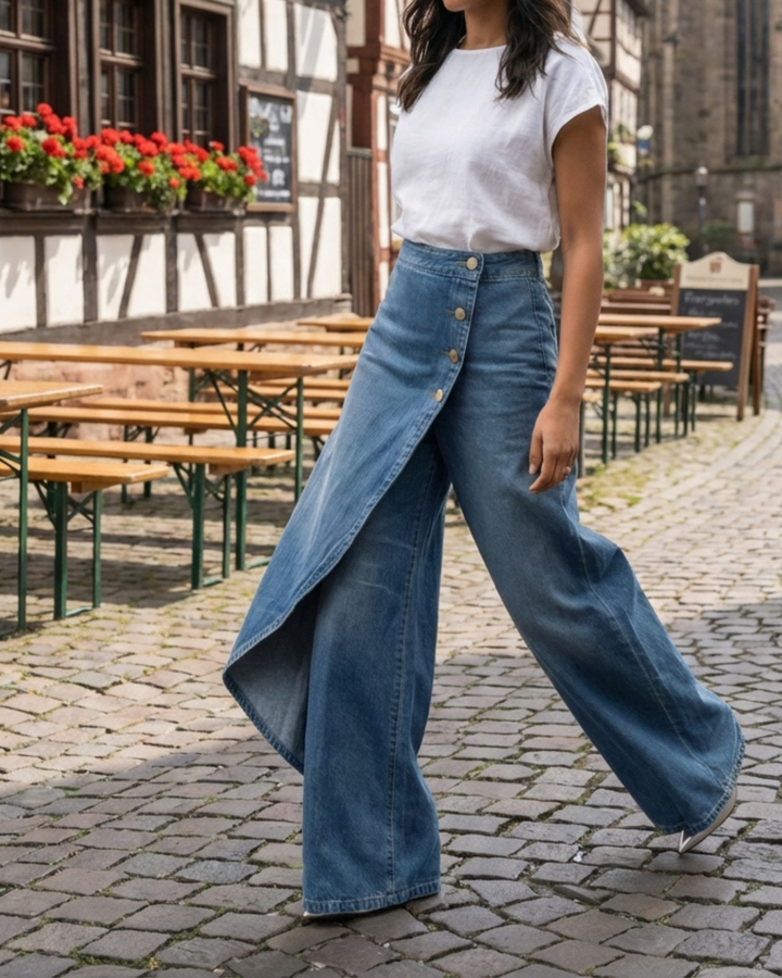 Franziska Denim Wickelhose in Hellblau, getragen in der Altstadt