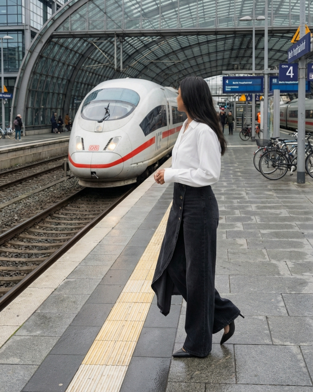 Franziska Denim Wickelhose in Schwarz, getragen am Bahnhof