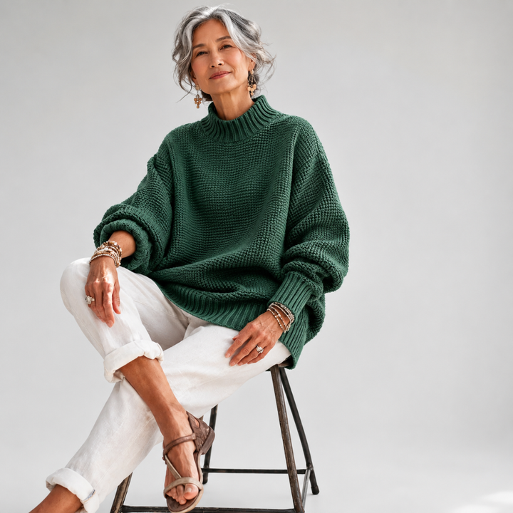 Elisabeth Strickpullover in Grün, sitzend getragen