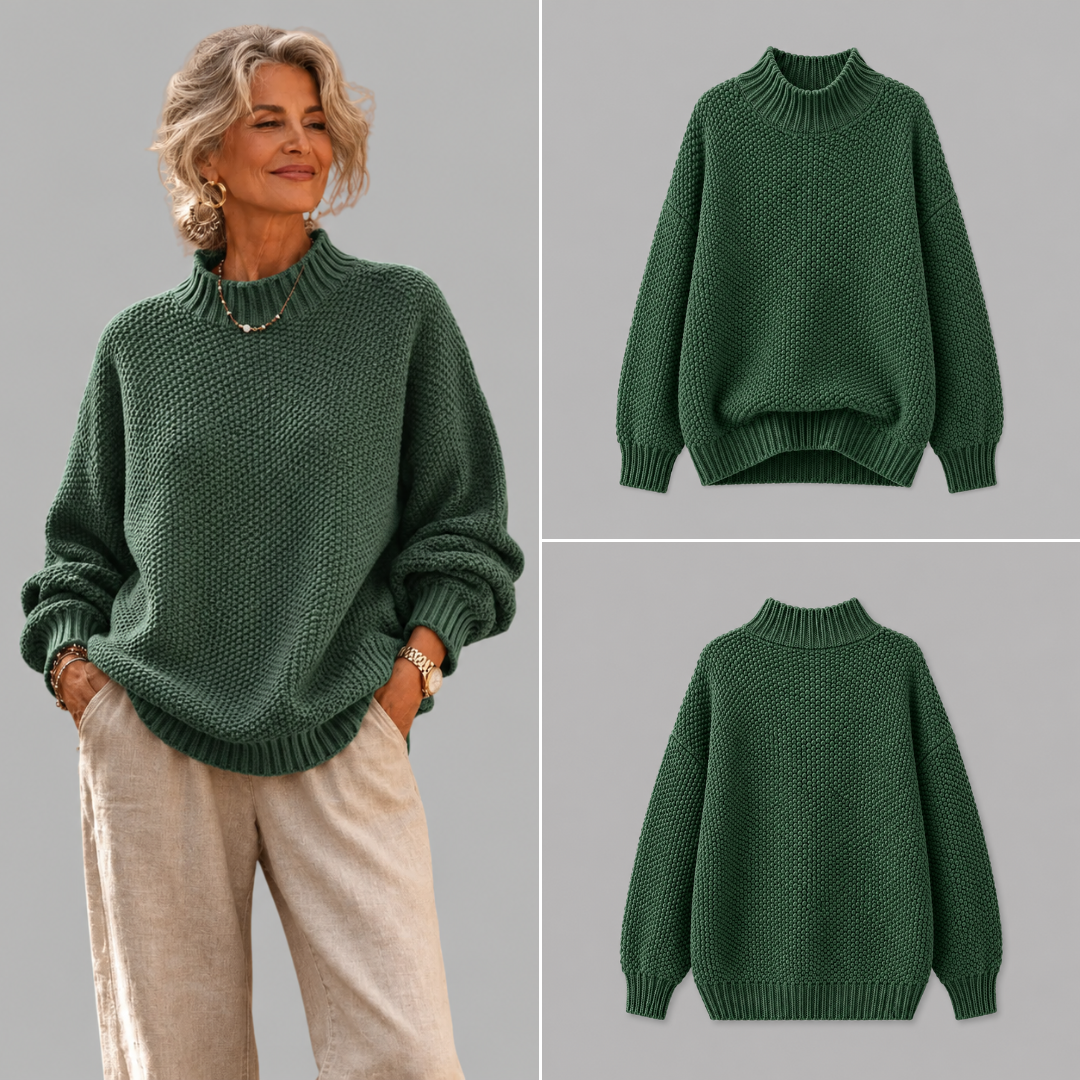 Elisabeth Strickpullover in Grün, getragen und freigestellt