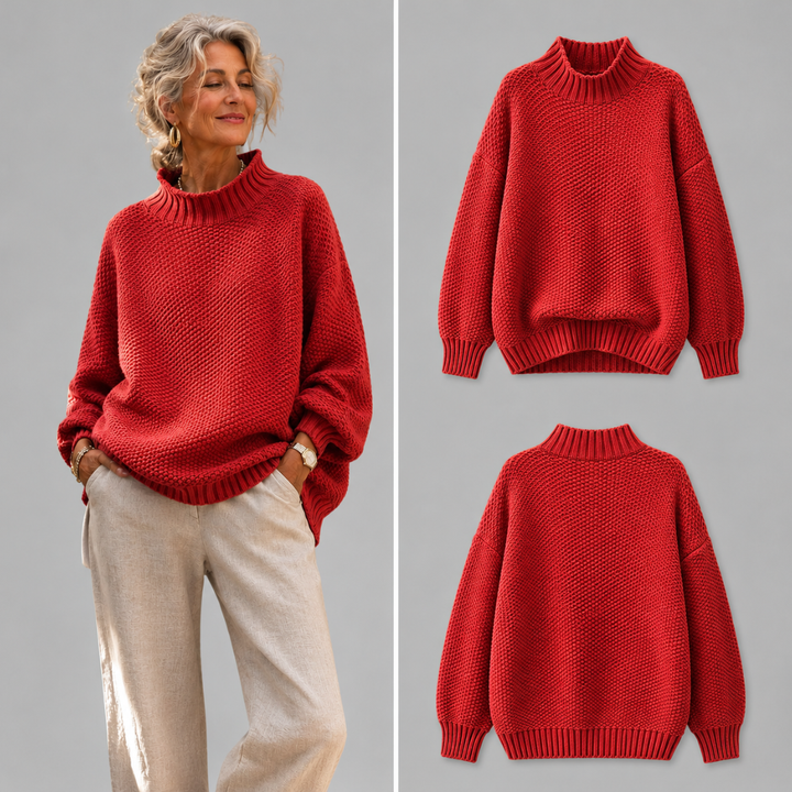 Elisabeth Strickpullover in Rot, getragen und freigestellt