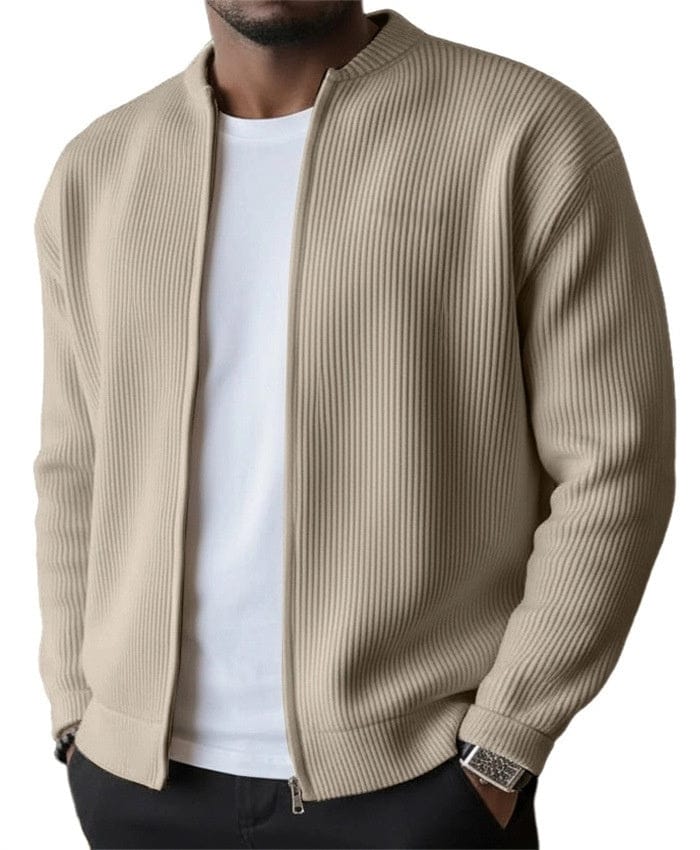 Daniel – Geripptes Zip-Cardigan in Khaki