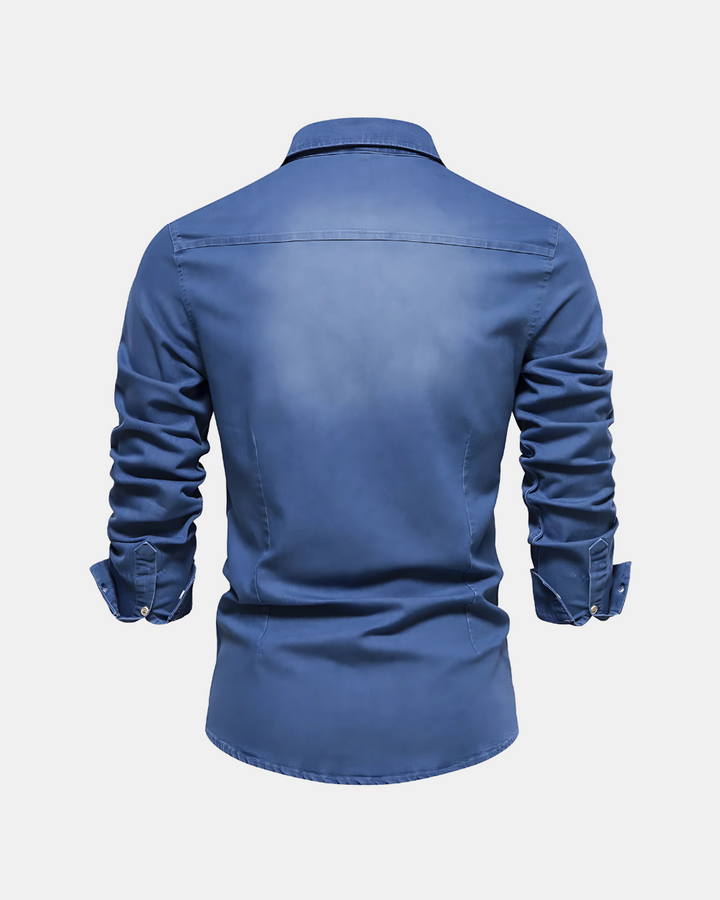 Michael Jeanshemd in Blau, Rückansicht