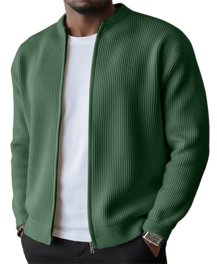 Daniel – Geripptes Zip-Cardigan in Olivgrün