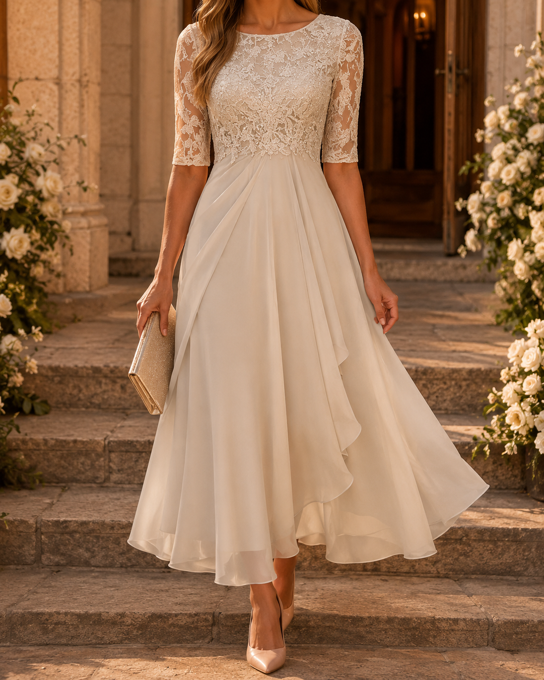 Evelyn Spitzen-Midikleid in Cremeweiss, getragen auf einer Steintreppe