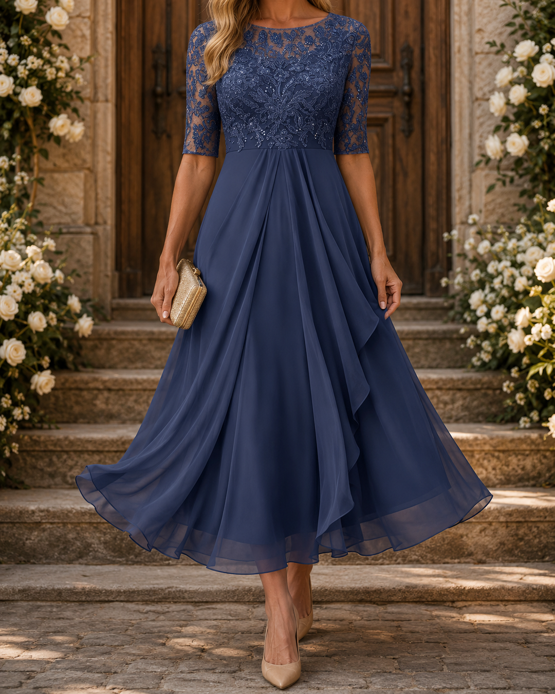 Evelyn Spitzen-Midikleid in Marineblau, getragen vor einer Holztür