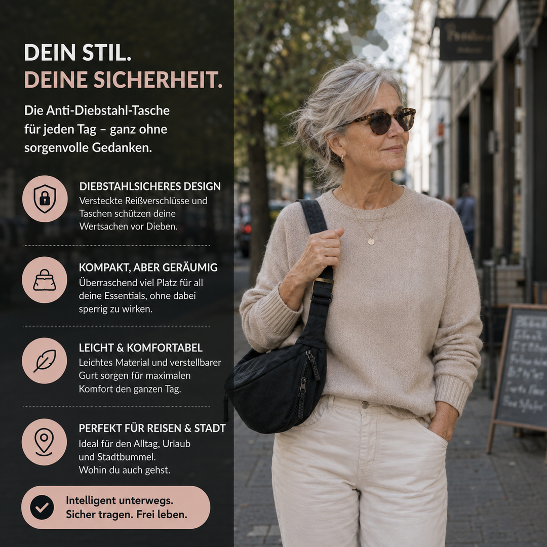Judith Schultertasche in Schwarz, getragen von einer Frau