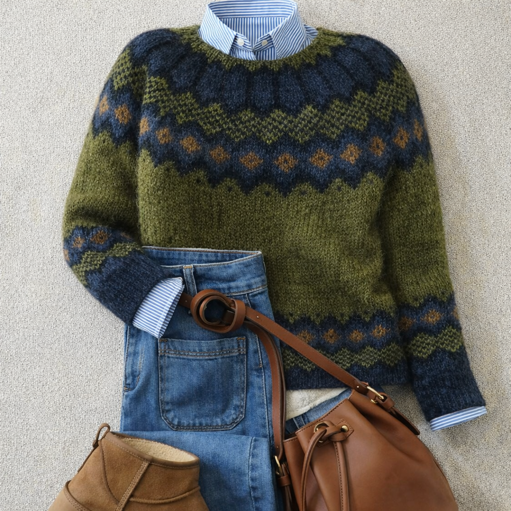 Regula gestrickter Pullover in Grün mit nordischem Muster, kombiniert mit Jeans