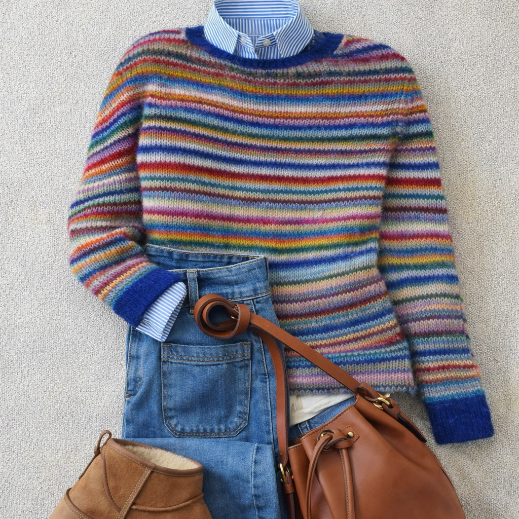 Ruth – gestreifter Strickpullover in Mehrfarbig, kombiniert mit Jeans