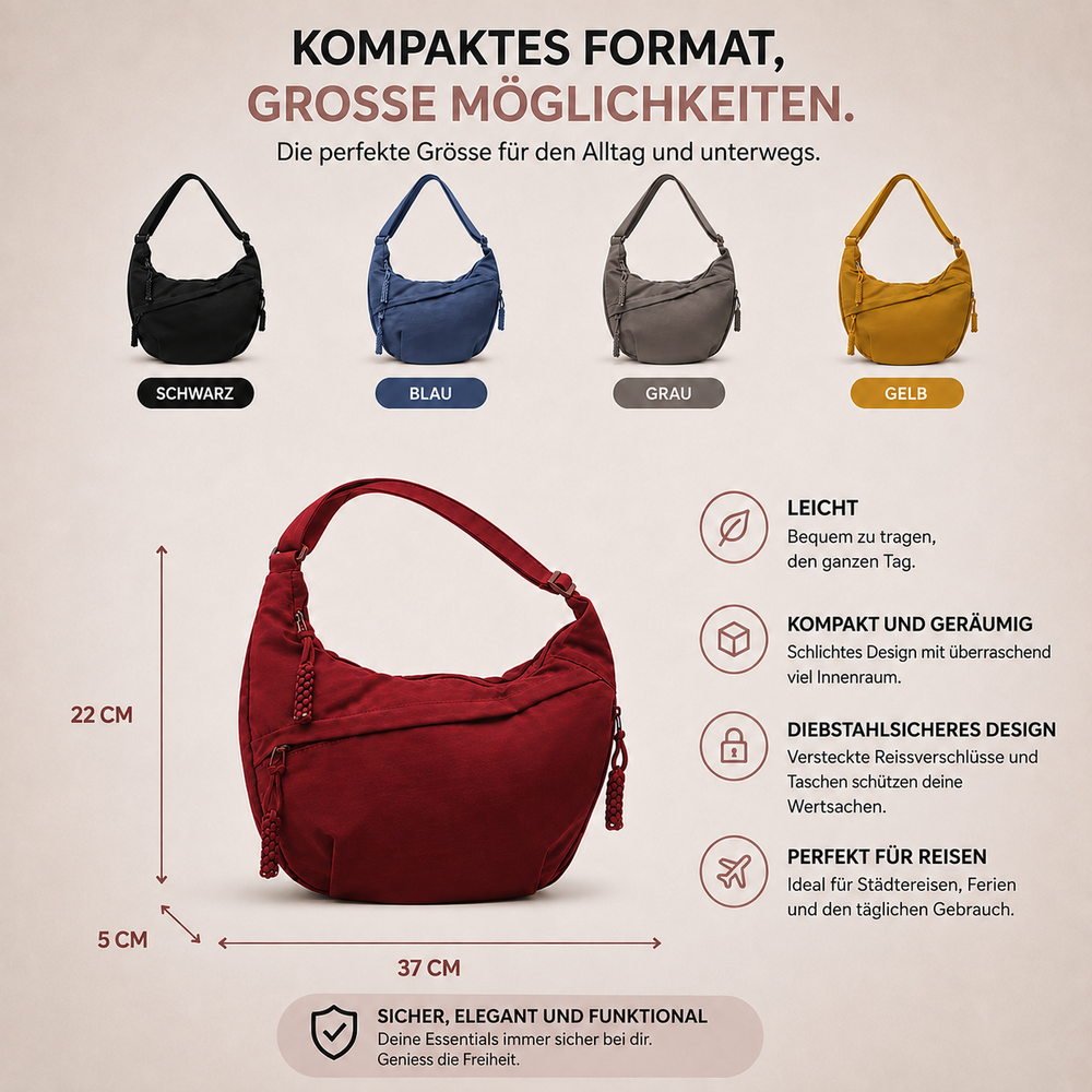Judith Schultertasche mit Massen und Farbübersicht