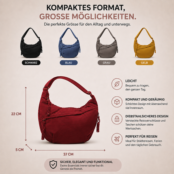 Judith Schultertasche mit Massen und Farbübersicht