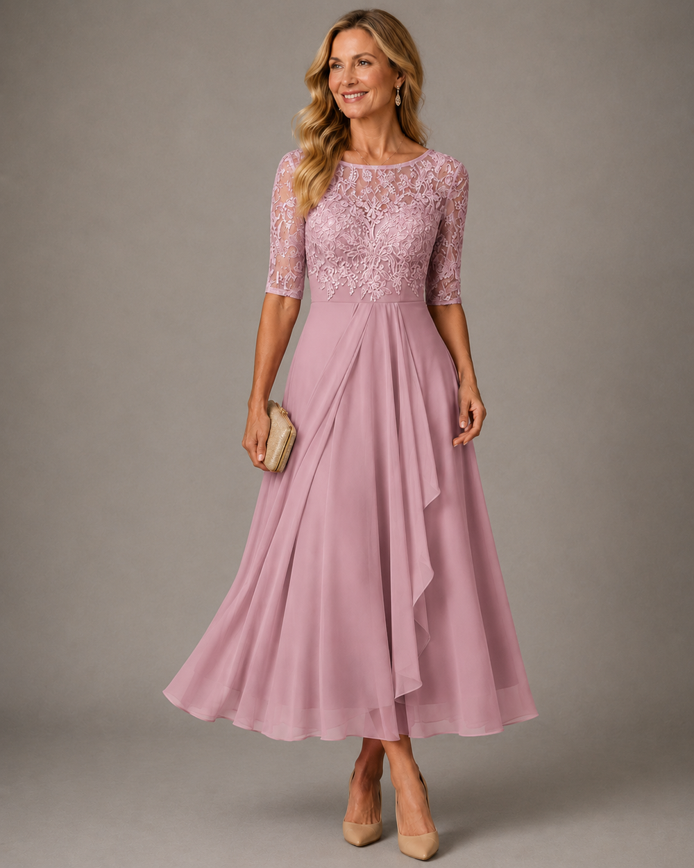 Evelyn Spitzen-Midikleid in Rosa