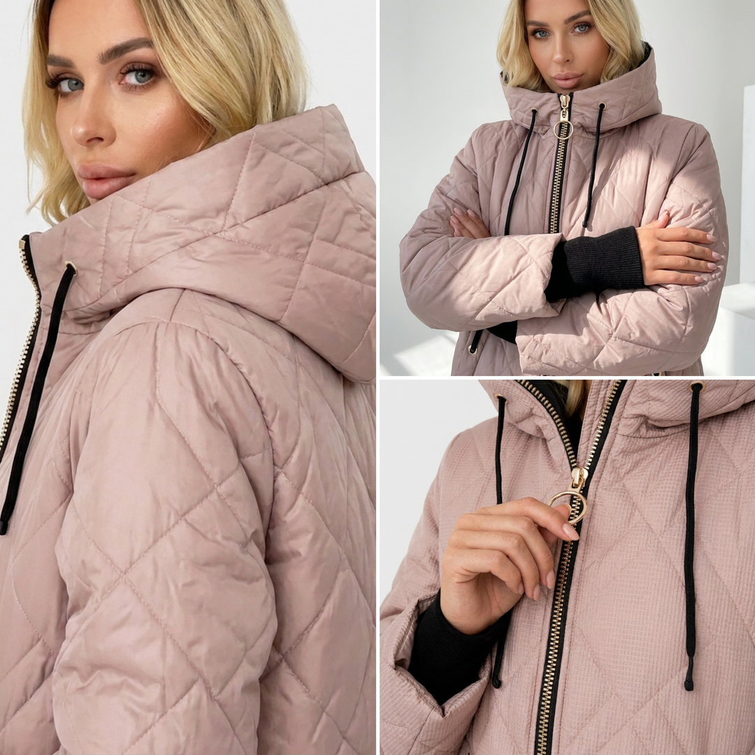 Monika – Details der gesteppten Kapuzenjacke in Rosa