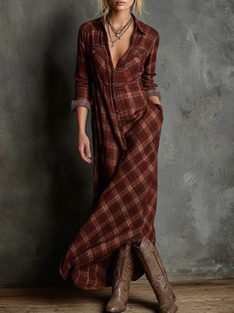 Margrith – Langes Hemdblusenkleid in Weinrot mit Karomuster