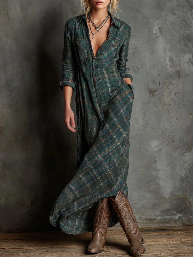 Margrith – Langes Hemdblusenkleid in Grün mit Karomuster