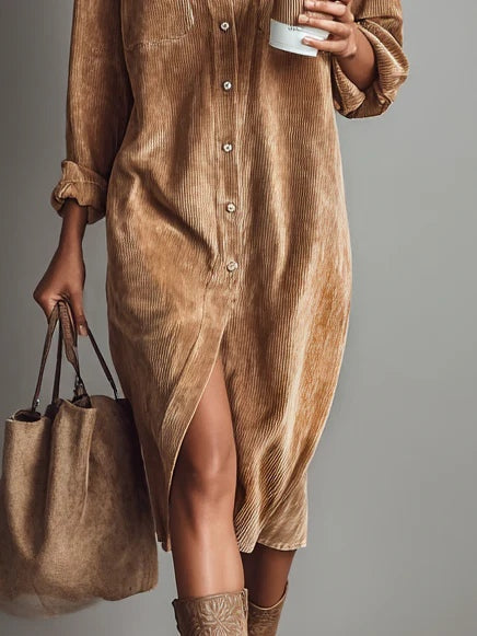 Hannelore Midi-Kleid in Braun, Detail Knopfleiste und Saum