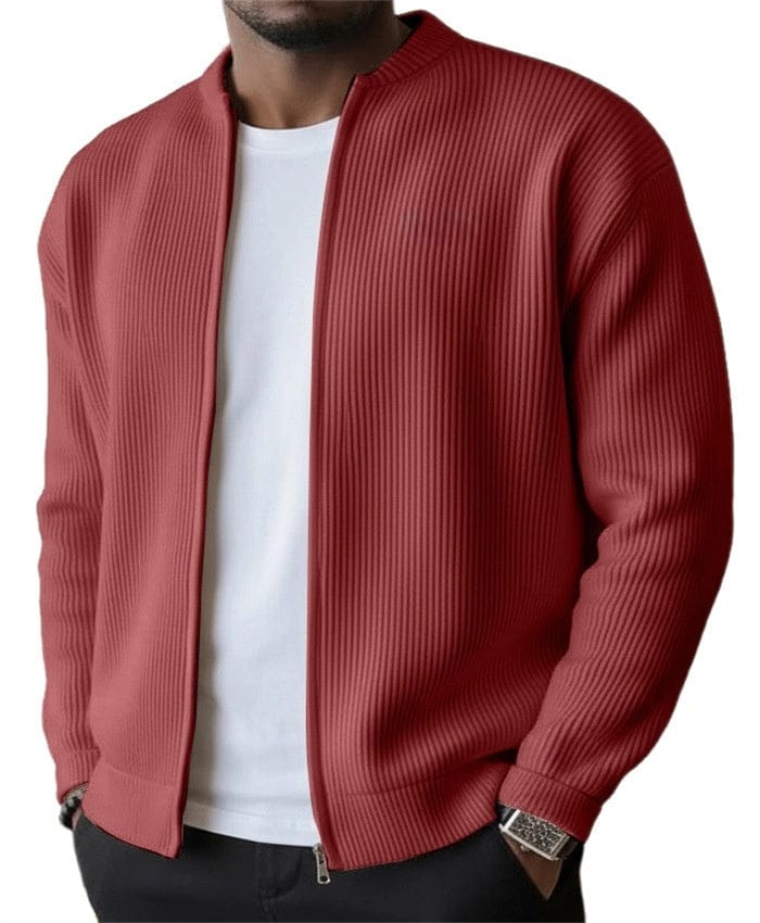 Daniel – Geripptes Zip-Cardigan in Rot
