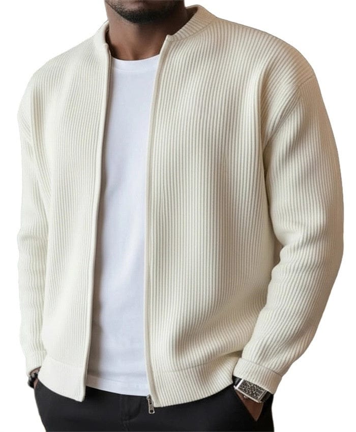 Daniel – Geripptes Zip-Cardigan in Creme