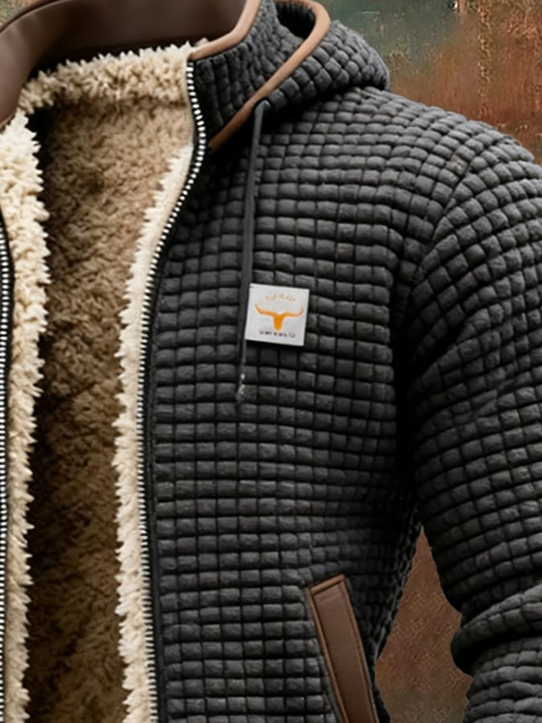 Walter Jacke in Grau, Detailansicht von Kragen und Tasche