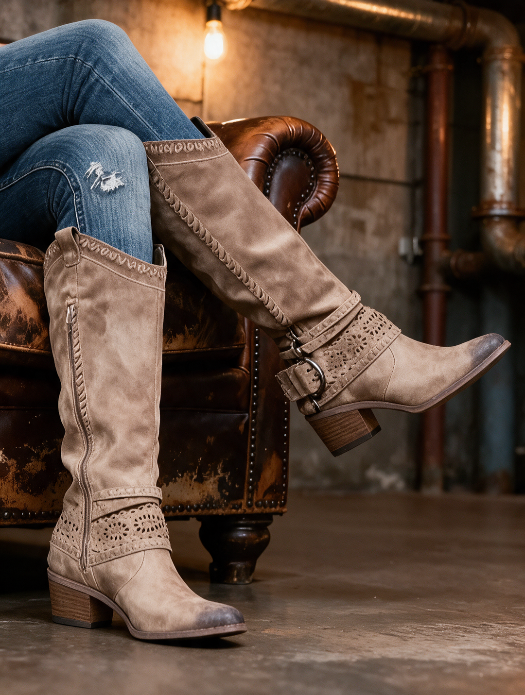 Liselotte Westernstiefel getragen auf einem Sessel